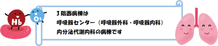 3階西病棟は呼吸器センター（呼吸器外科・呼吸器内科）内分泌代謝内科の病棟です